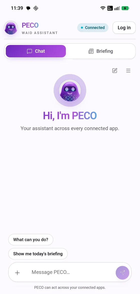 The PECO assistant running as a WAID app, showing its chat and briefing tabs and a connected status.