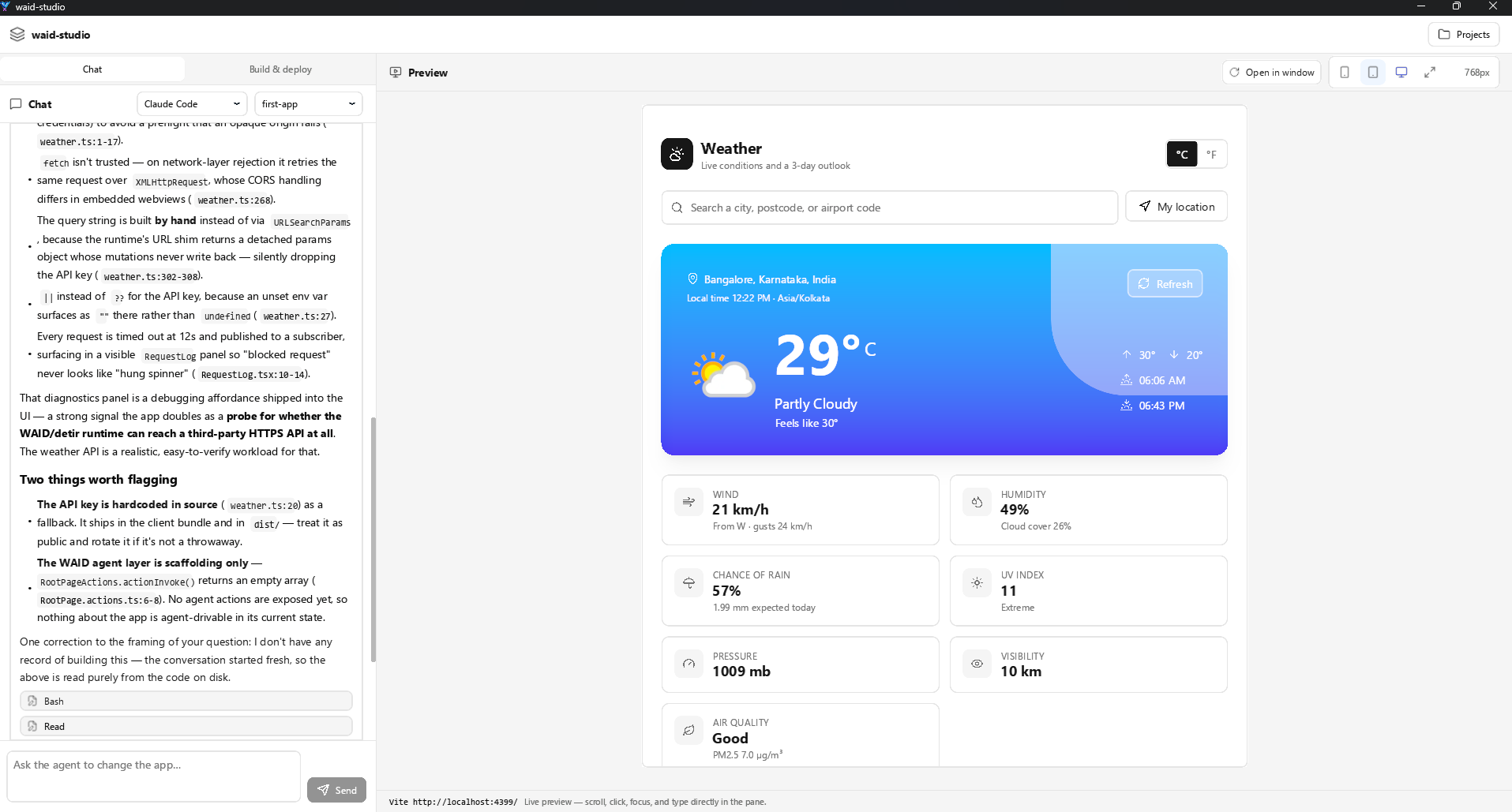 waid-studio: an agent chat on the left, a live preview of the app being built on the right
